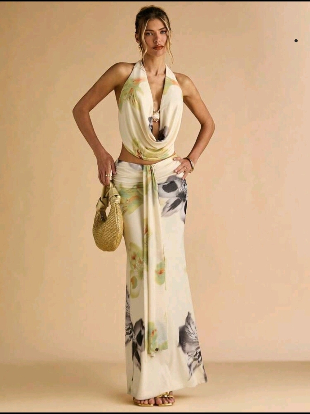 BAE Two-Piece Set Flower Print Shell Metal Decor Halte Top & Pleated Long Skirts - Picture 5 of 7